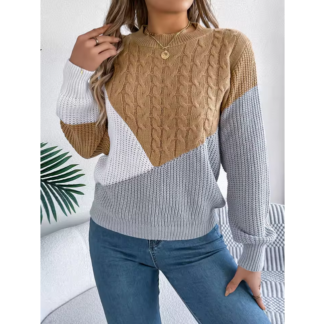 Women Casual Pullover Autumn Winter Patchwork Knitwear With Color Blocking Design