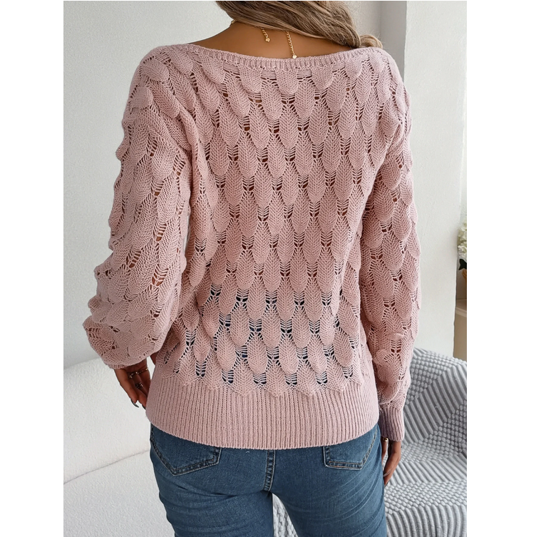 Casual Pink Pullover Women Hollow Out Lantern Sleeve Off Shoulder Sweater