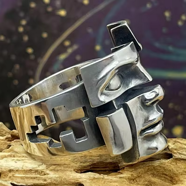 Vintage Human Face Pattern Open Adjustable Ring