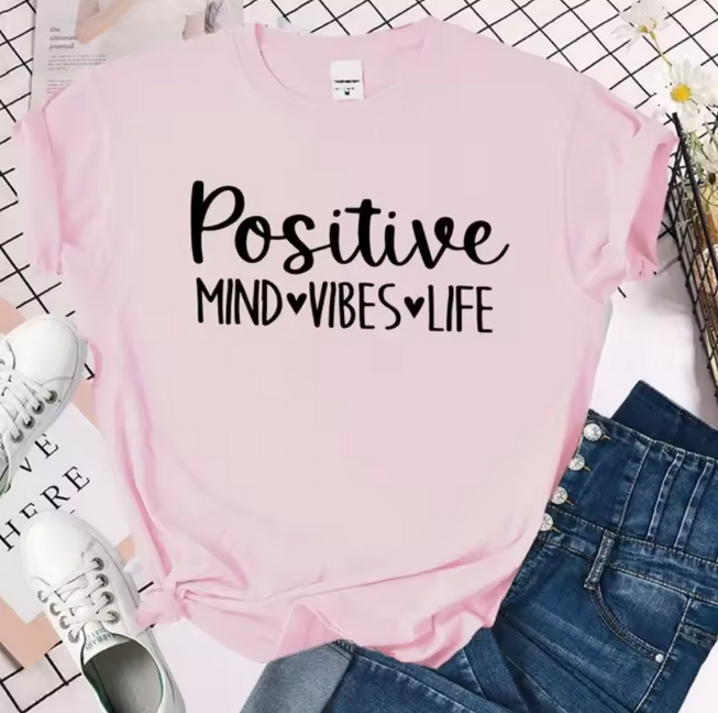 Positive Vibes Letter Print Tshirt Women Casual Loose Fit Short Sleeve Top