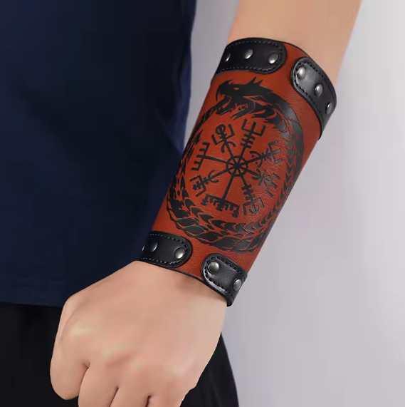 Odin Symbol Of Runes Wide Bangle Nordic Viking Compass Punk Dragon Head Leather Bracelet