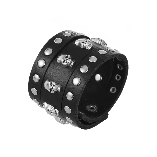 Vintage Cuff Wide Leather Skull Bracelet