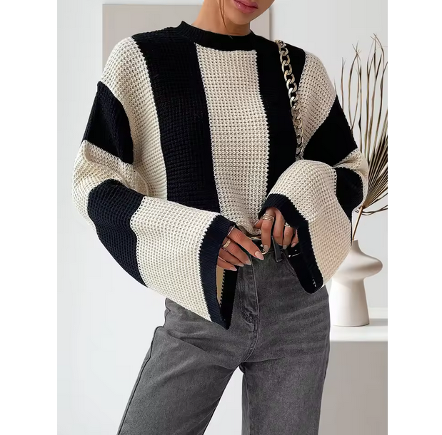 Women Knit Pullover Colorblock Round Neck Drop Shoulder Sweater
