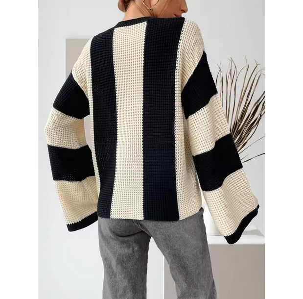 Women Knit Pullover Colorblock Round Neck Drop Shoulder Sweater