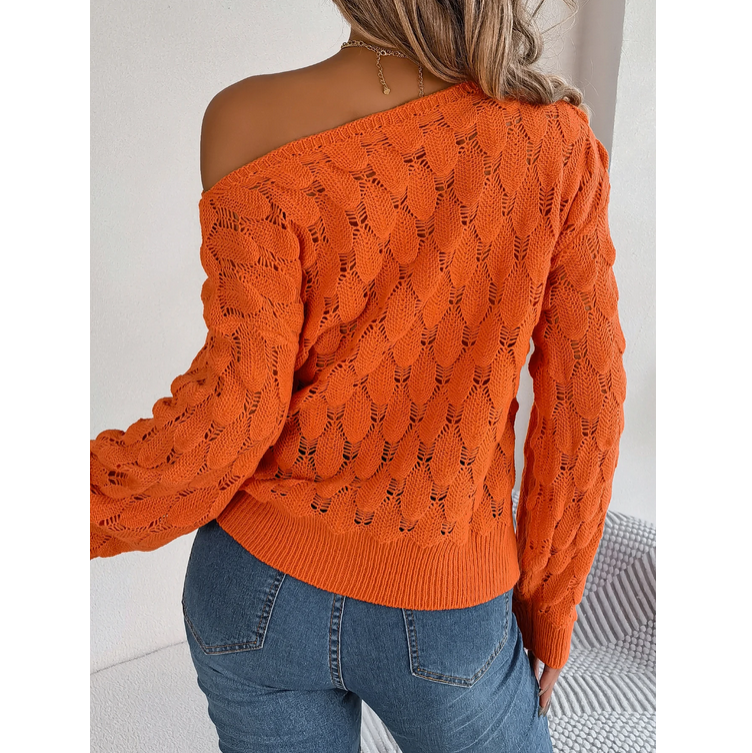 Casual Pink Pullover Women Hollow Out Lantern Sleeve Off Shoulder Sweater