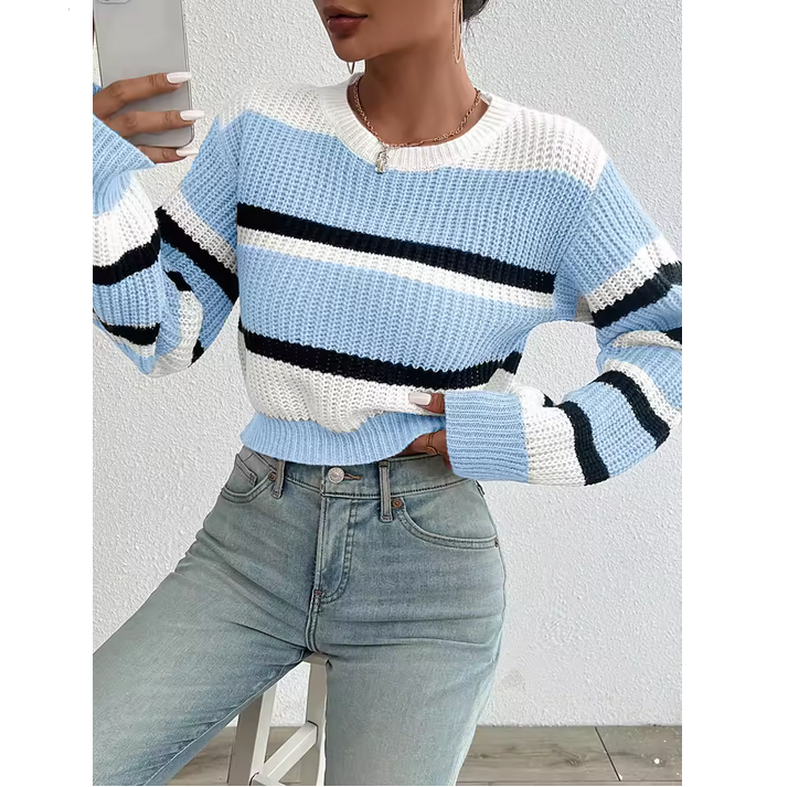 Autumn Winter Color Block Sweater Women Loose Knit Drop Shoulder Pullover