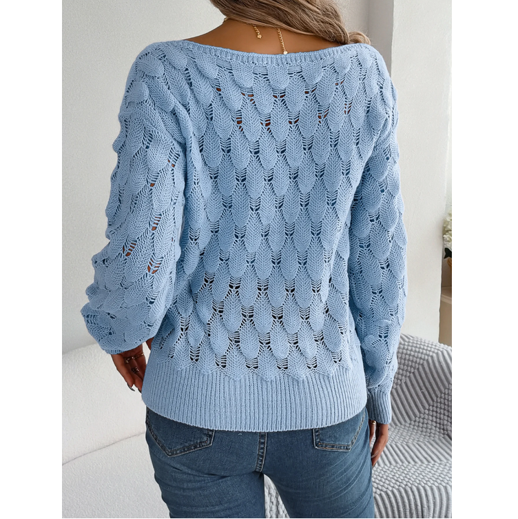 Casual Pink Pullover Women Hollow Out Lantern Sleeve Off Shoulder Sweater