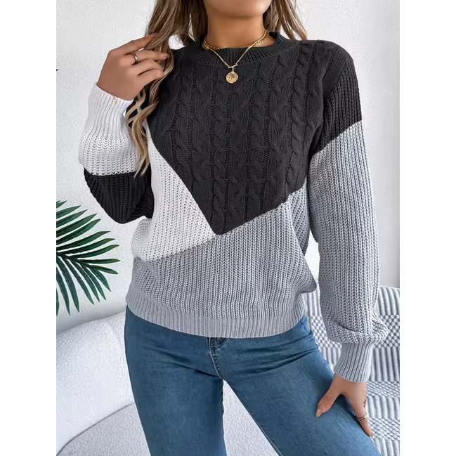 Women Casual Pullover Autumn Winter Patchwork Knitwear With Color Blocking Design