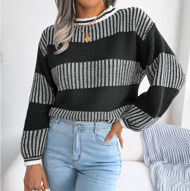 Autumn Winter Women Striped Pullover Casual Long Sleeve Round Neck Contrast Sweater