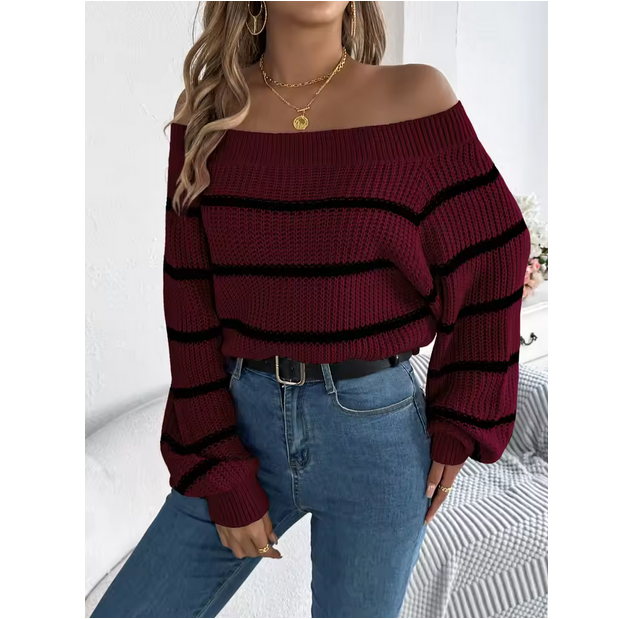 Women Lantern Sleeve Sweater Striped Off Shoulder Knit Top