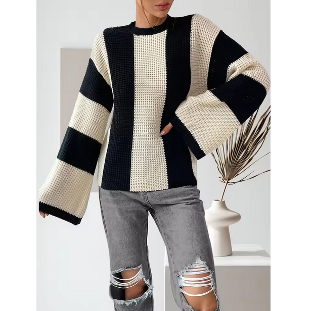 Women Knit Pullover Colorblock Round Neck Drop Shoulder Sweater