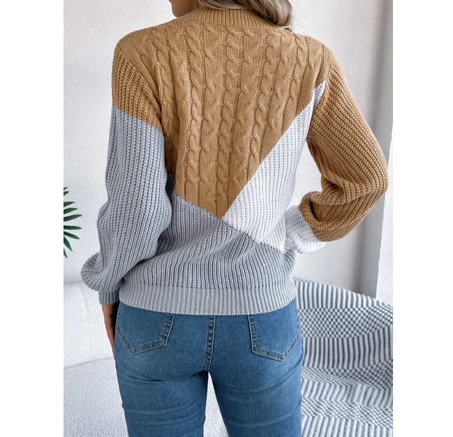 Women Casual Pullover Autumn Winter Patchwork Knitwear With Color Blocking Design