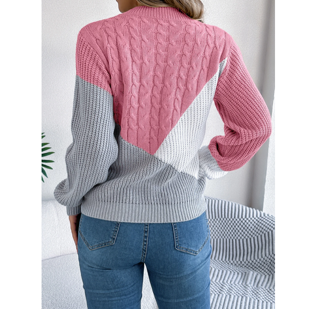 Women Casual Pullover Autumn Winter Patchwork Knitwear With Color Blocking Design
