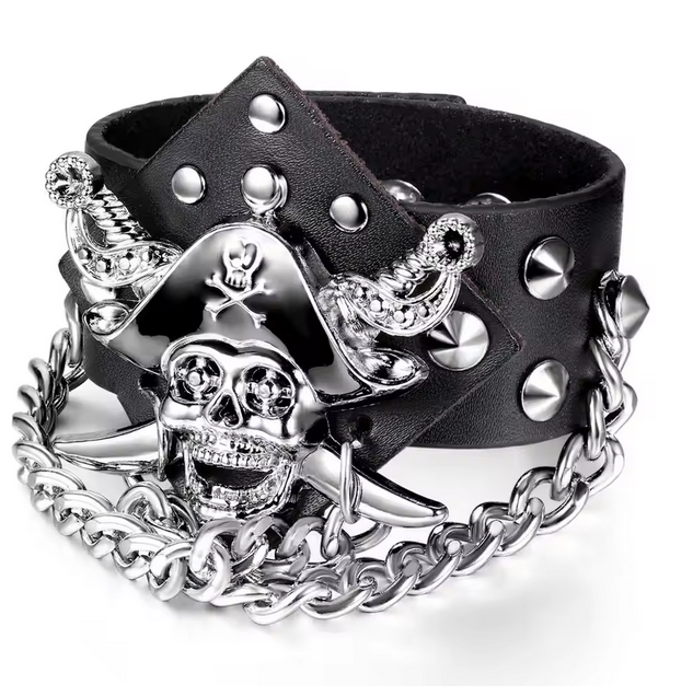 Boniskiss Punk Rock Men Leather Rope Bracelet Pirate Skeleton Head Cool