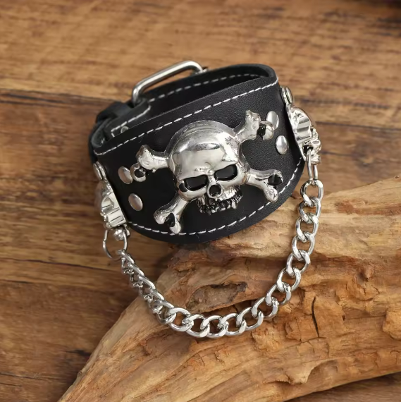 Leather Skull Bracelet Men Vintage Cuff Wide Leather Rivet Bracelet