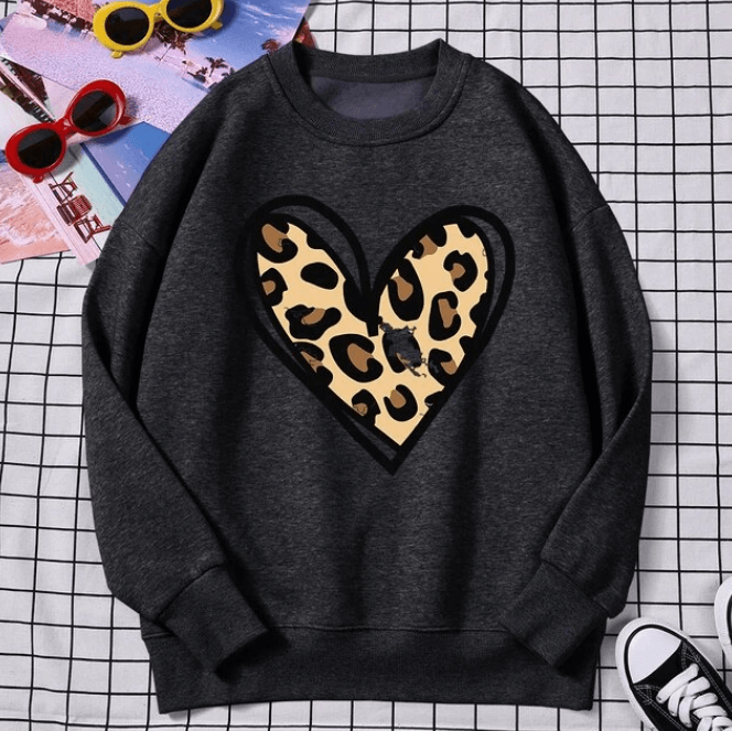 Sweatshirt Incomplete Leopard Print Heart Pullover Comfortable