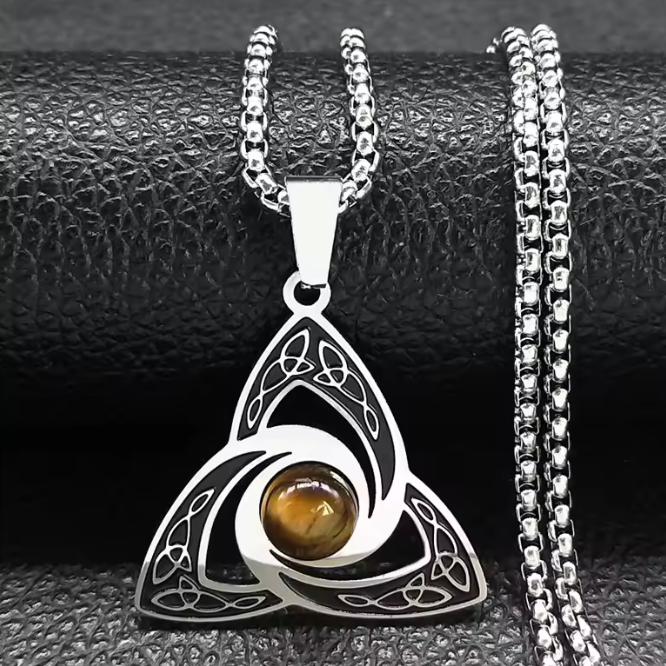 Viking Trinity Knot Necklace Stainless Steel Tiger Eye Stone Irish Celtic Lucky Amulet