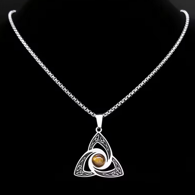 Viking Trinity Knot Necklace Stainless Steel Tiger Eye Stone Irish Celtic Lucky Amulet