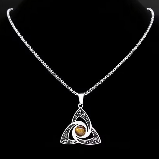 Viking Trinity Knot Necklace Stainless Steel Tiger Eye Stone Irish Celtic Lucky Amulet