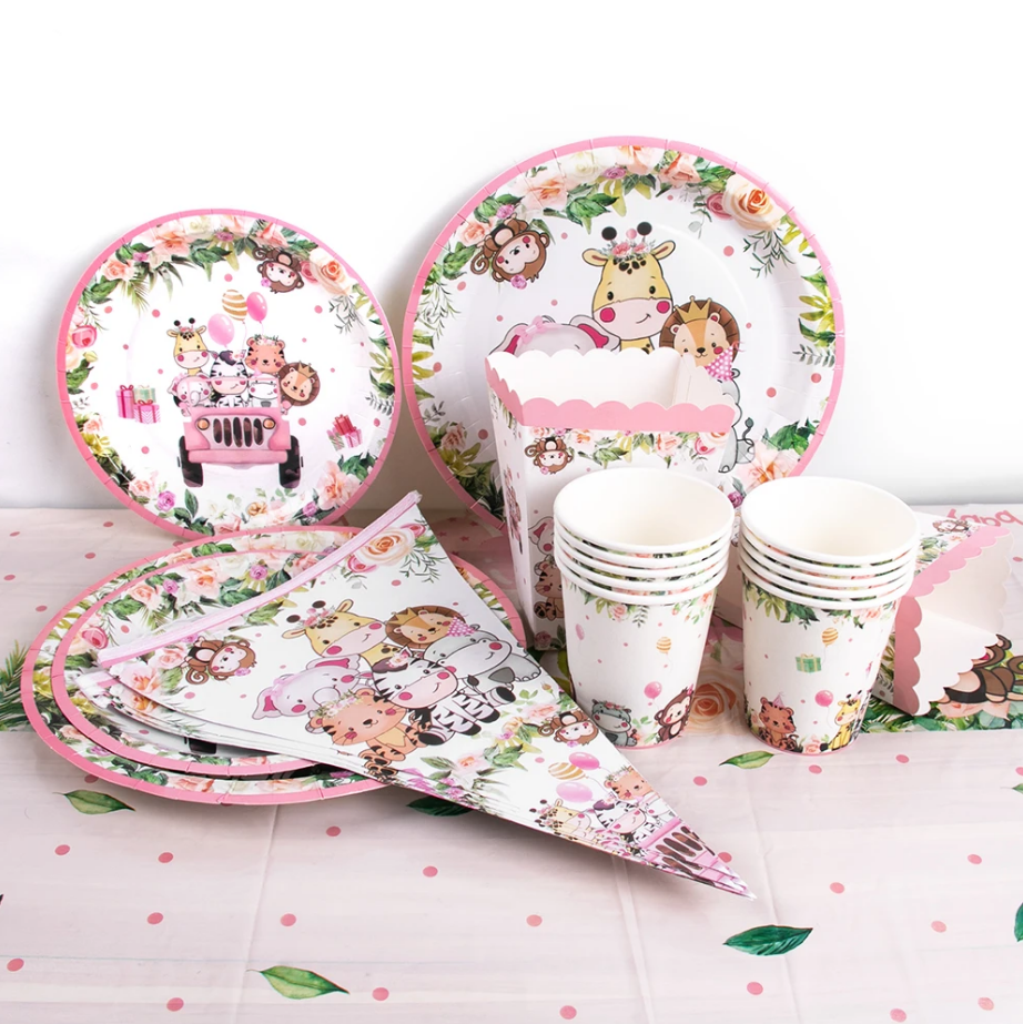 Tableware Pink Jungle Animal Paper Plate Cup Birthday Party Decor