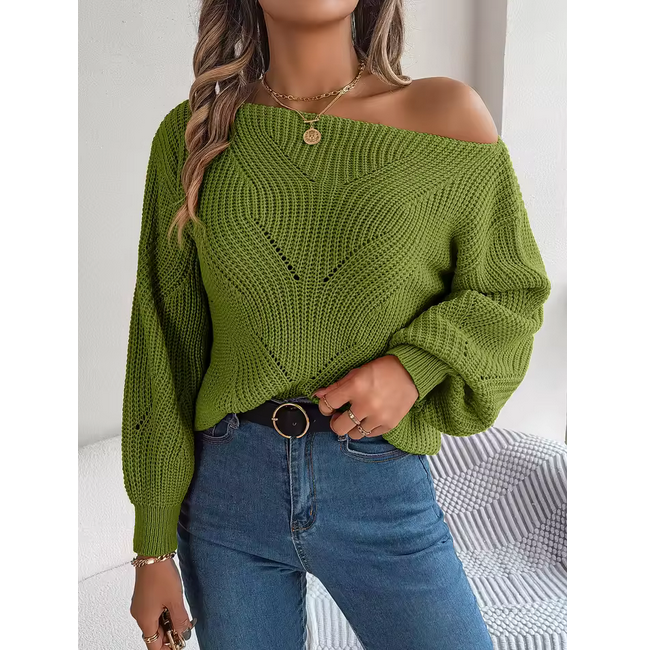 Slash Neck Off Shoulder Sweaters Woman Autumn Winter Lantern Long Sleeve Knitted