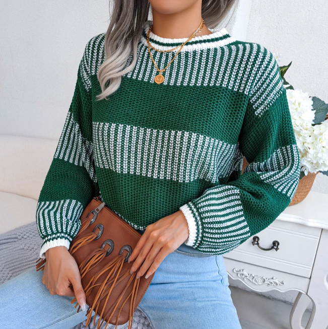 Autumn Winter Women Striped Pullover Casual Long Sleeve Round Neck Contrast Sweater