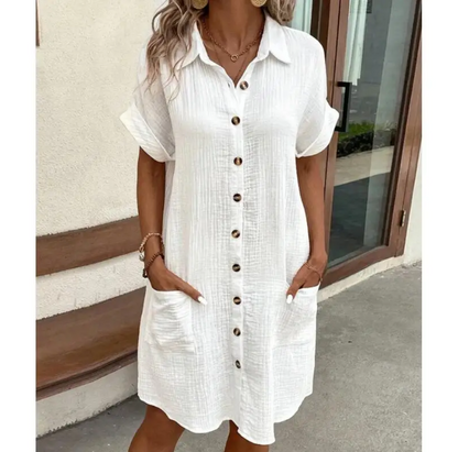 Summer Solid Simple Short Sleeve Shirt Dress Women Turn Down