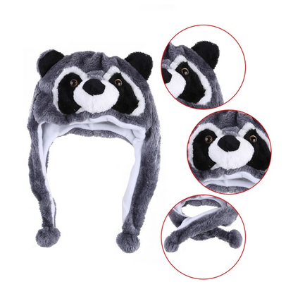 Raccoon Animal Hat With Pompom Long Straps Warm