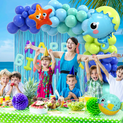 Blue Balloon Arch Tassel Curtains Happy Birthday Ocean Animals