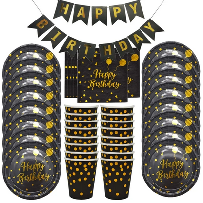 Gold Dot Happy Birthday Party Dinnerware Set Paper Black Paper Plates Napkins Cups