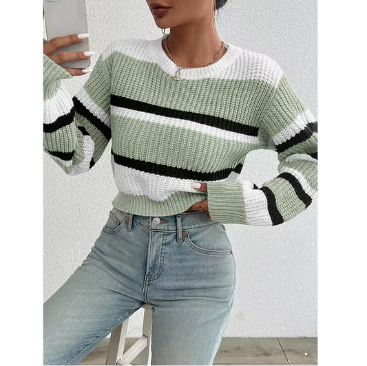 Autumn Winter Color Block Sweater Women Loose Knit Drop Shoulder Pullover