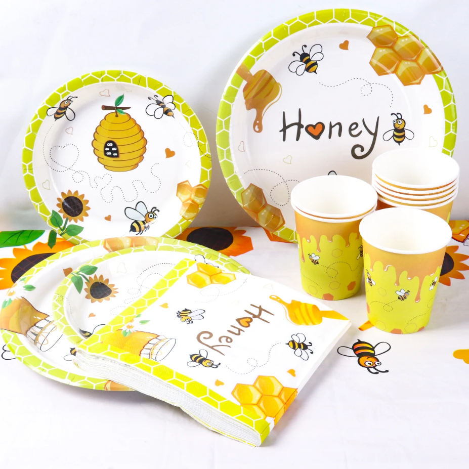 Bee Party Decorations Bee Pattern Disposable Paper Plate Cup Napkin Tablecloth