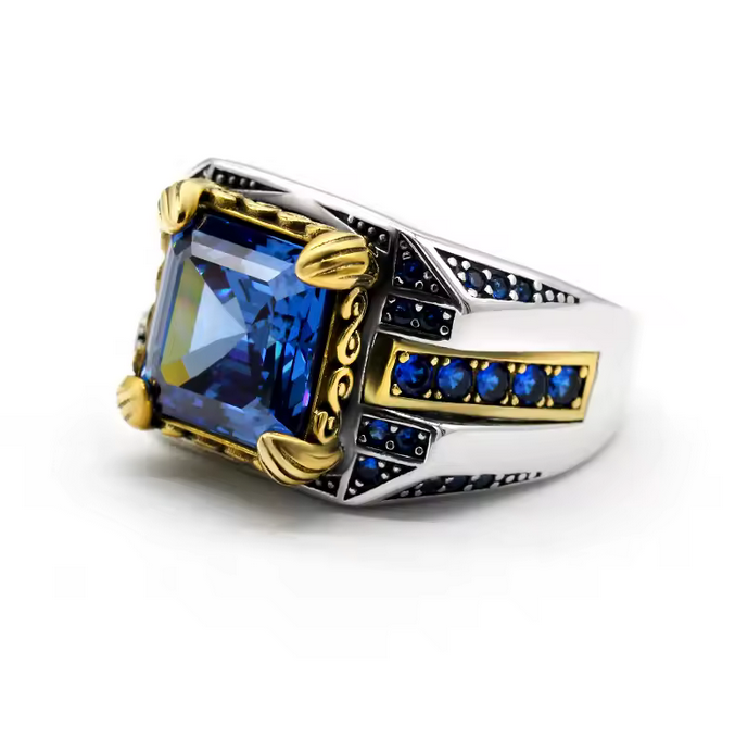 Sterling Silver Square Men Ring with Faceted Blue Zircon Fashion