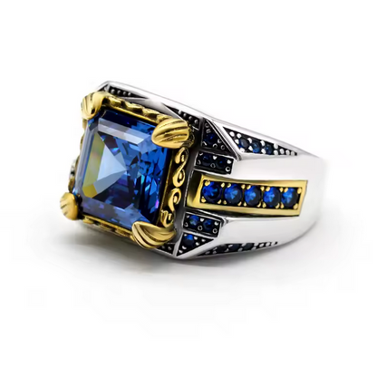 Sterling Silver Square Men Ring with Faceted Blue Zircon Fashion