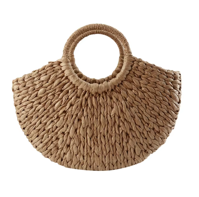 Women Woven Handbag Rattan Wicker Straw Half Round Bag Fashion