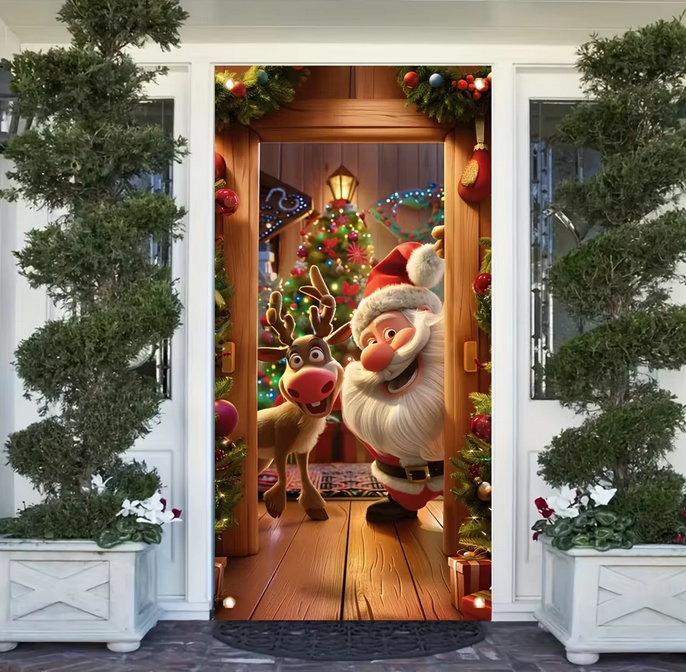 Merry Christmas Seasonal Santa Claus and Elk Gate Banner Suitable