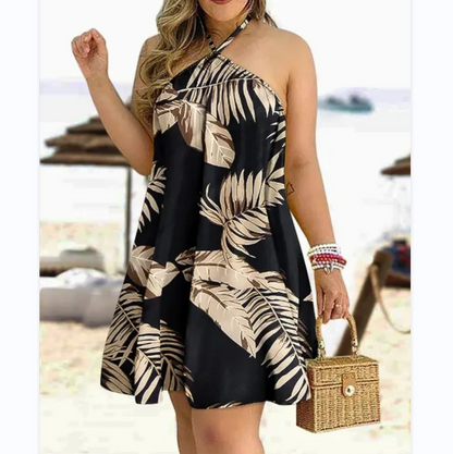 Tropical Print Halter Neck Dress Vacation Style Backless Dress