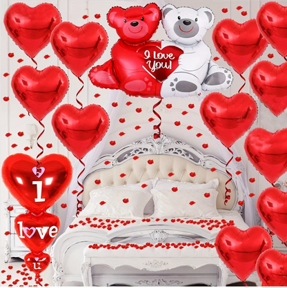 Giant Teddy Bear Balloon Set With 500 Red Rose Petals And Red Heart Shaped Balloons For Romantic Decoration