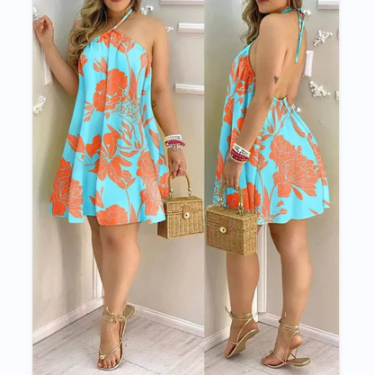 Tropical Print Halter Neck Dress Vacation Style Backless Dress