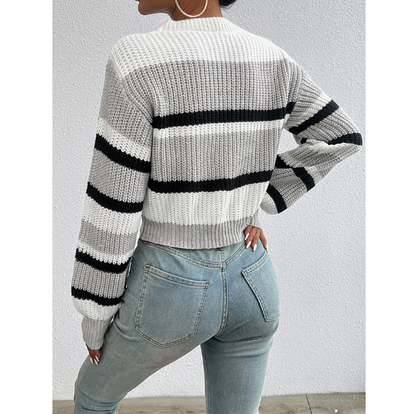 Autumn Winter Color Block Sweater Women Loose Knit Drop Shoulder Pullover