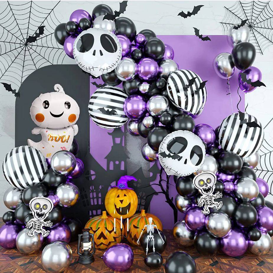 Halloween Black Purple Silver Balloon Chain Set Skull Ghost Stripe Aluminum Film Balloon Ghost Party Decoration Ball