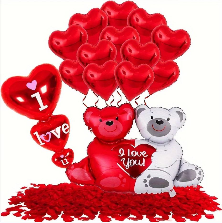 Giant Teddy Bear Balloon Set With 500 Red Rose Petals And Red Heart Shaped Balloons For Romantic Decoration