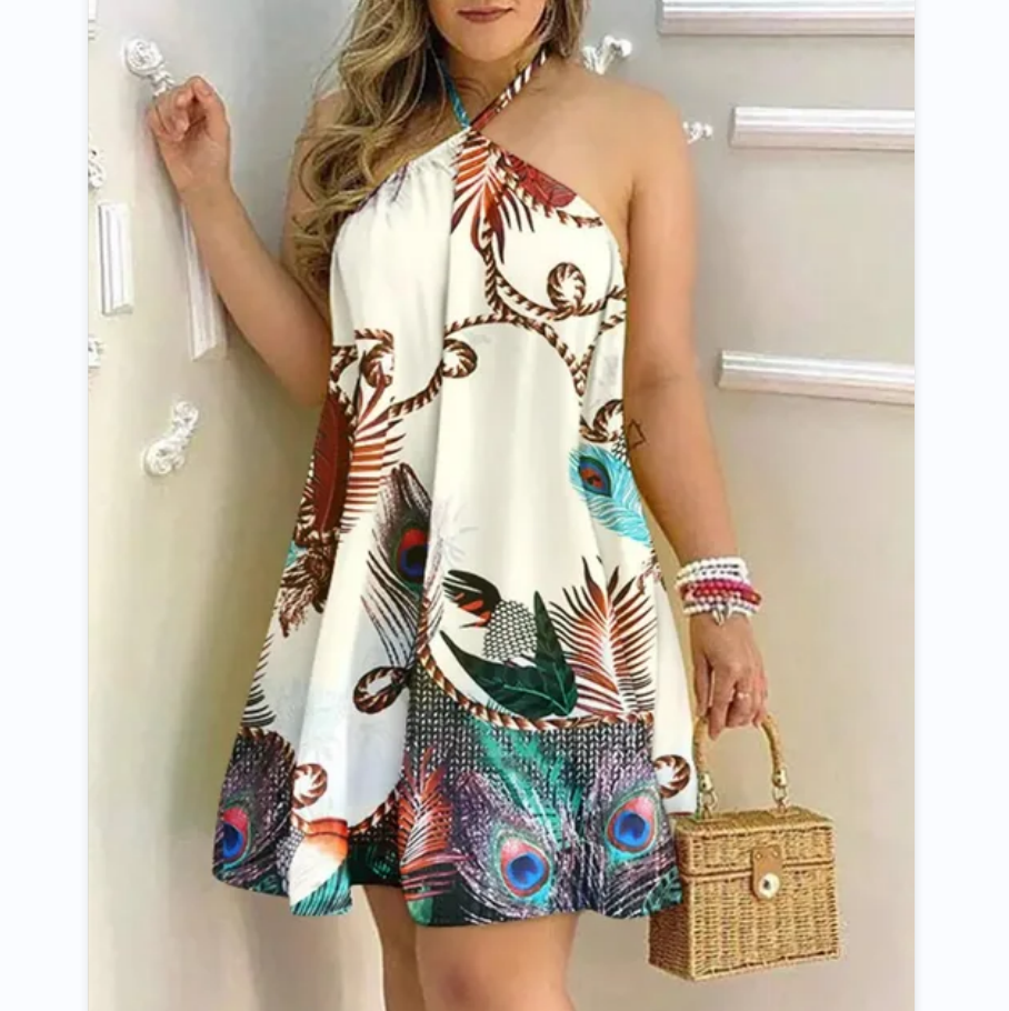 Tropical Print Halter Neck Dress Vacation Style Backless Dress