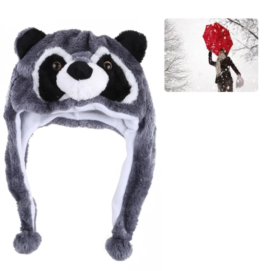 Raccoon Animal Hat With Pompom Long Straps Warm