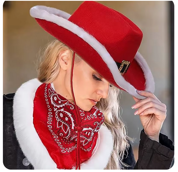 Christmas Party Cowboy Hat Winter Red Felt Feather Hats Adjustable Belts Santa Claus