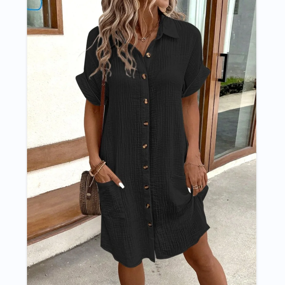 Summer Solid Simple Short Sleeve Shirt Dress Women Turn Down