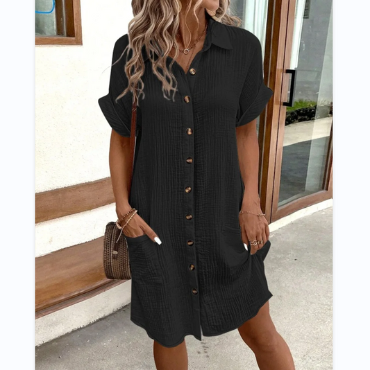 Summer Solid Simple Short Sleeve Shirt Dress Women Turn Down