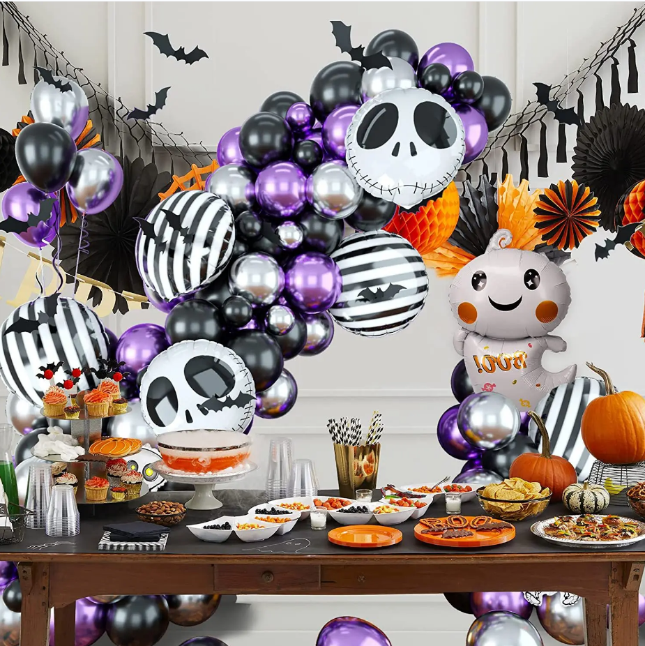 Halloween Black Purple Silver Balloon Chain Set Skull Ghost Stripe Aluminum Film Balloon Ghost Party Decoration Ball