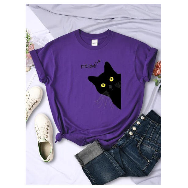 Meow Black Cat Print Women Tshirts