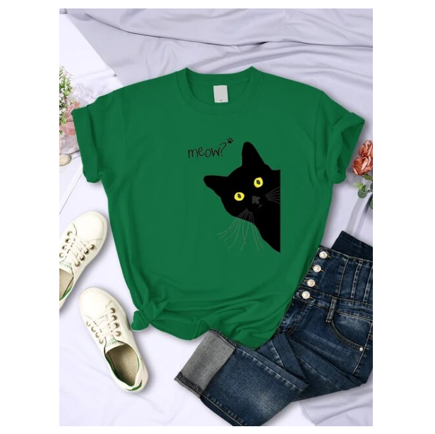 Meow Black Cat Print Women Tshirts